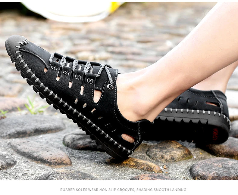 🌟 Trendy Men's Leather Stridewalk Sandals (Black)